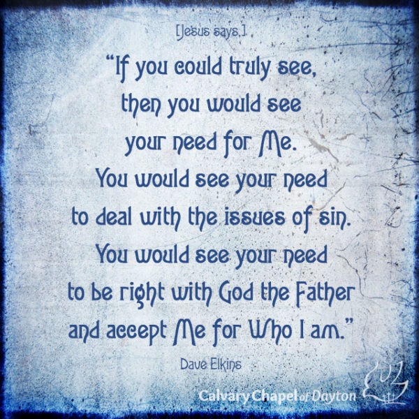 If you could truly see, then you would see your need for Me. You would see your need to deal with the issues of sin. You would see your need to be right with God the Father and accept Me for Who I am.