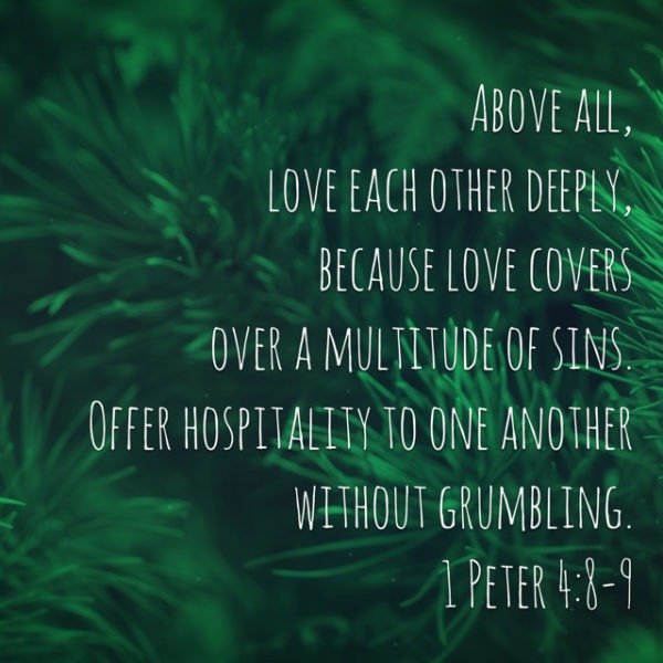 Above all, love each other deeply, because love covers over a multitude of sins. Offer hospitality to one another without grumbling.