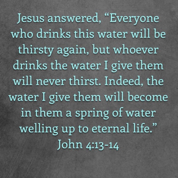 Jesus answered, "Everyone who drinks this water will be thirsty again, but whoever drinks the water I give them will never thirst. Indeed, the water I give them will become in them a spring of water welling up to eternal life.
