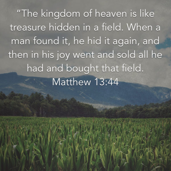 The kingdom of heaven is like treasure hidden in a field. When a man found it, he hid it again, and then in his joy went and sold all he had and bought that field.