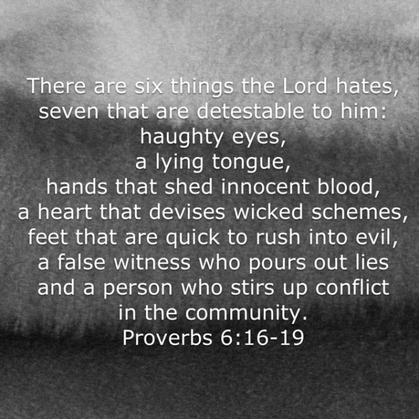 There are six things the Lord hates, seven that are detestable to Him: haughty eyes, a lying tongue, hands that shed innocent blood, a heart that devises wicked schemes, feet that are quick to rush into evil, a false witness who pours out lies and a person who stirs up conflict in the community.
