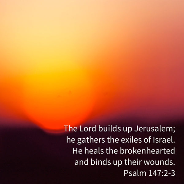 The Lord builds up Jerusalem; He gathers the exiles of Israel. He heals the brokenhearted and binds up their wounds.