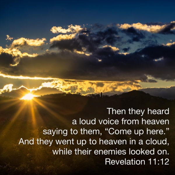 Then they heard a loud voice from heaven saying to them, "Come up here." And they went up to heaven in a cloud, while their enemies looked on.