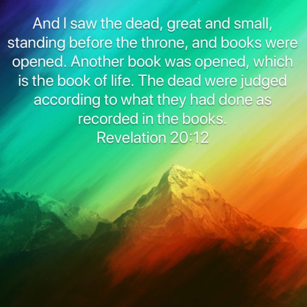 And I saw the dead, great and small, standing before the throne, and books were opened. Another book was opened, which is the book of life. The dead were judged according to what they had done as recorded in the books.